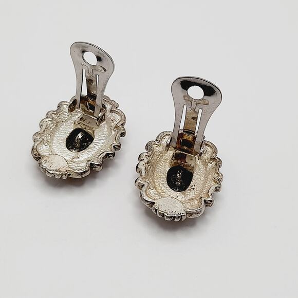 Vintage Ornate Silver Tone Clip On Earrings, 1 1/8 Inch - Picture 8 of 10